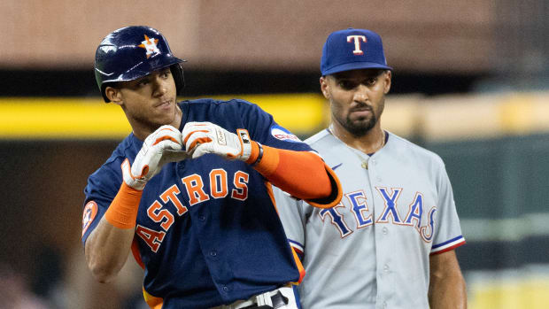 Jul 26, 2023; Houston, Texas, USA; Houston Astros center fielder Jeremy Pena (3) reacts to his double against the Houston Astros in the first inning at Minute Maid Park. Mandatory Credit: Thomas Shea-USA TODAY Sports